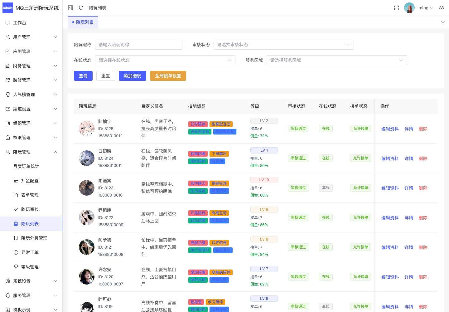 陪玩管理 > 陪玩列表截图