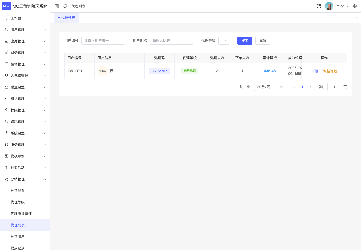 分销管理 > 代理列表截图