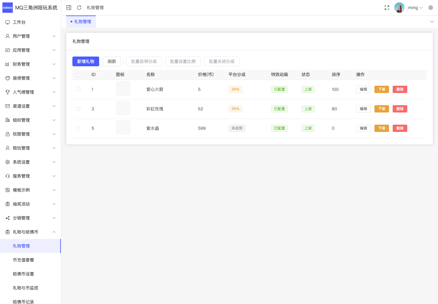 礼物与哈佛币 > 礼物管理截图